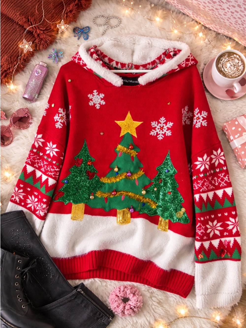 Christmas Tree Ugly Sweater Hoodie 2X Holiday Sequin Snowflake Festive